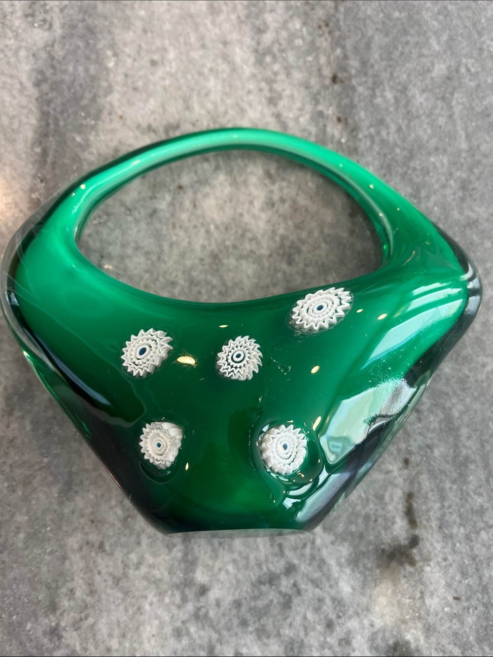 Source Unknown Green Glass Art Basket with Millefiori Flowers